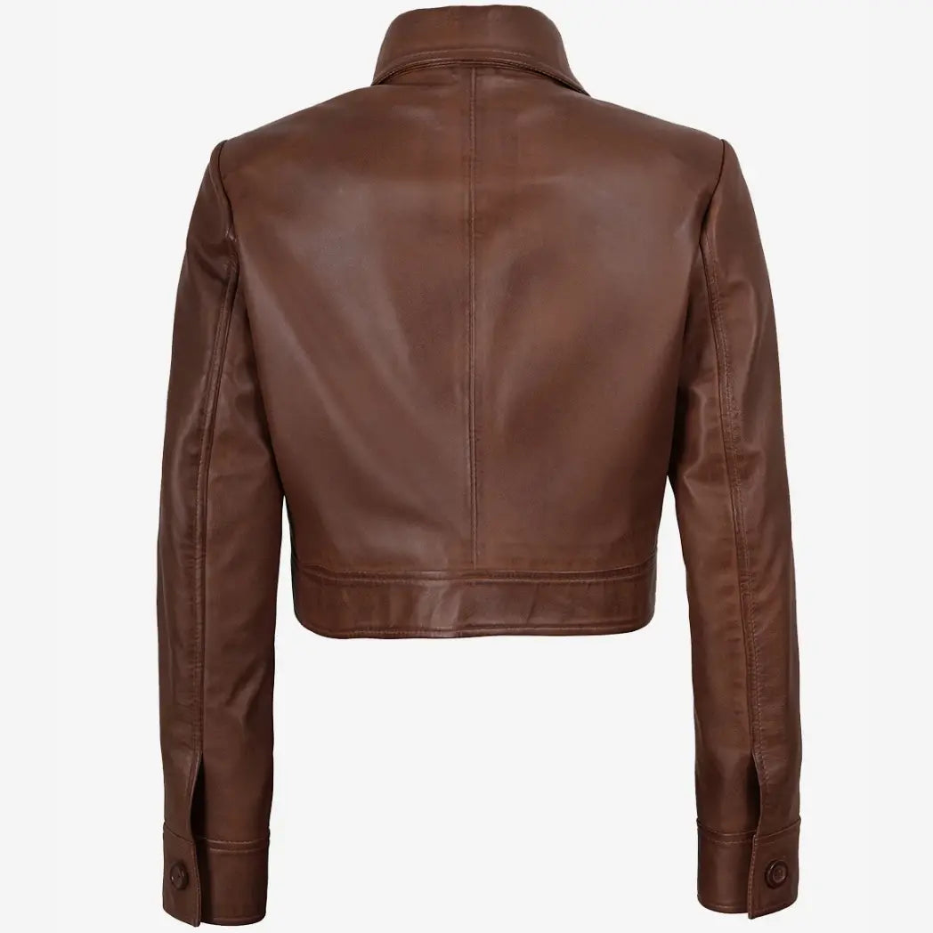Women's Real leather Cognac Cropped Trucker Jacket