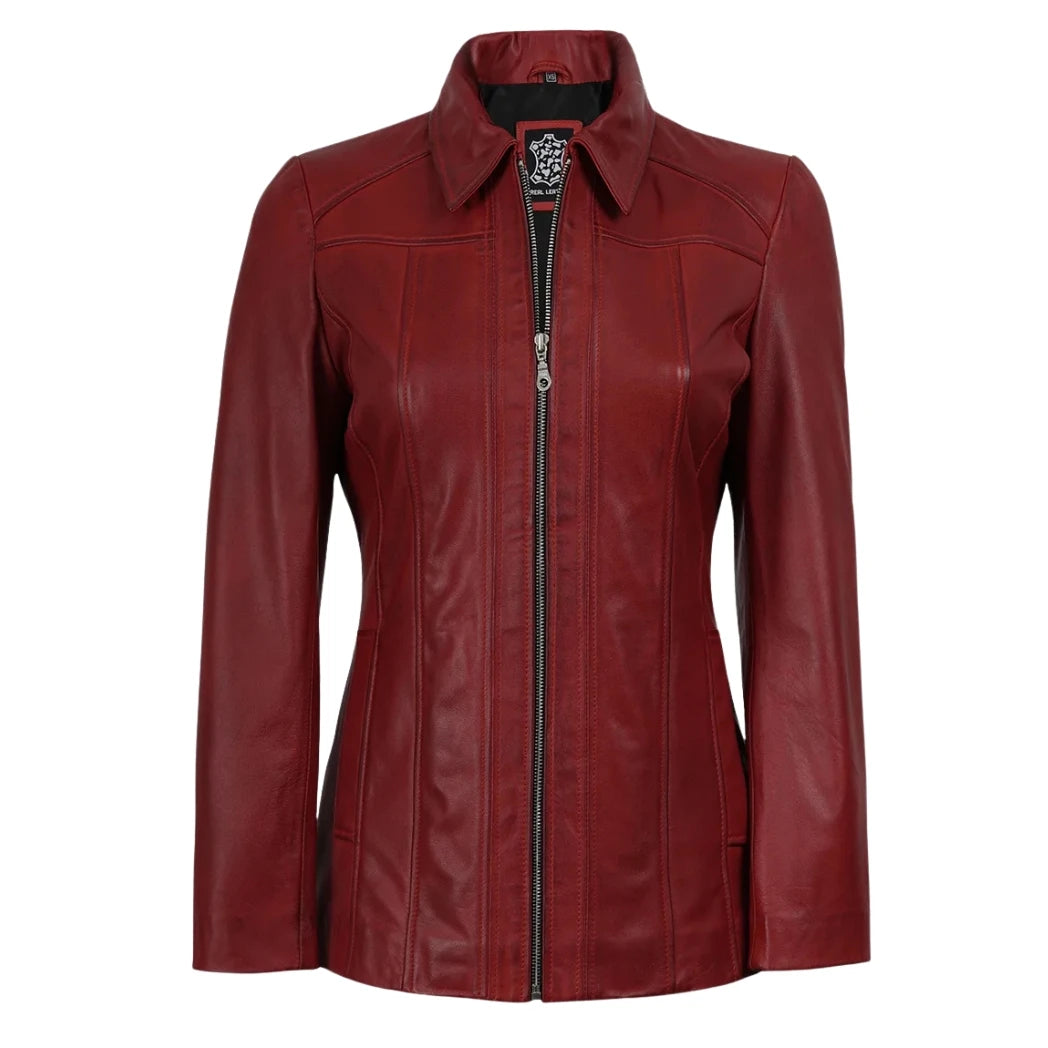 Women's Red 3/4 Sheepskin Leather Car Coat