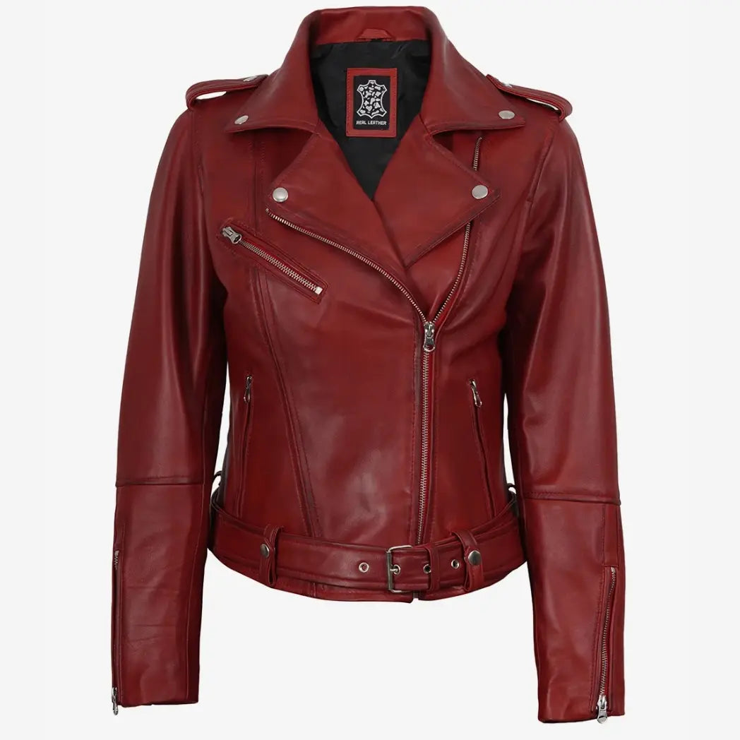 Women's Red Belted Biker Style Lambskin Leather Jacket