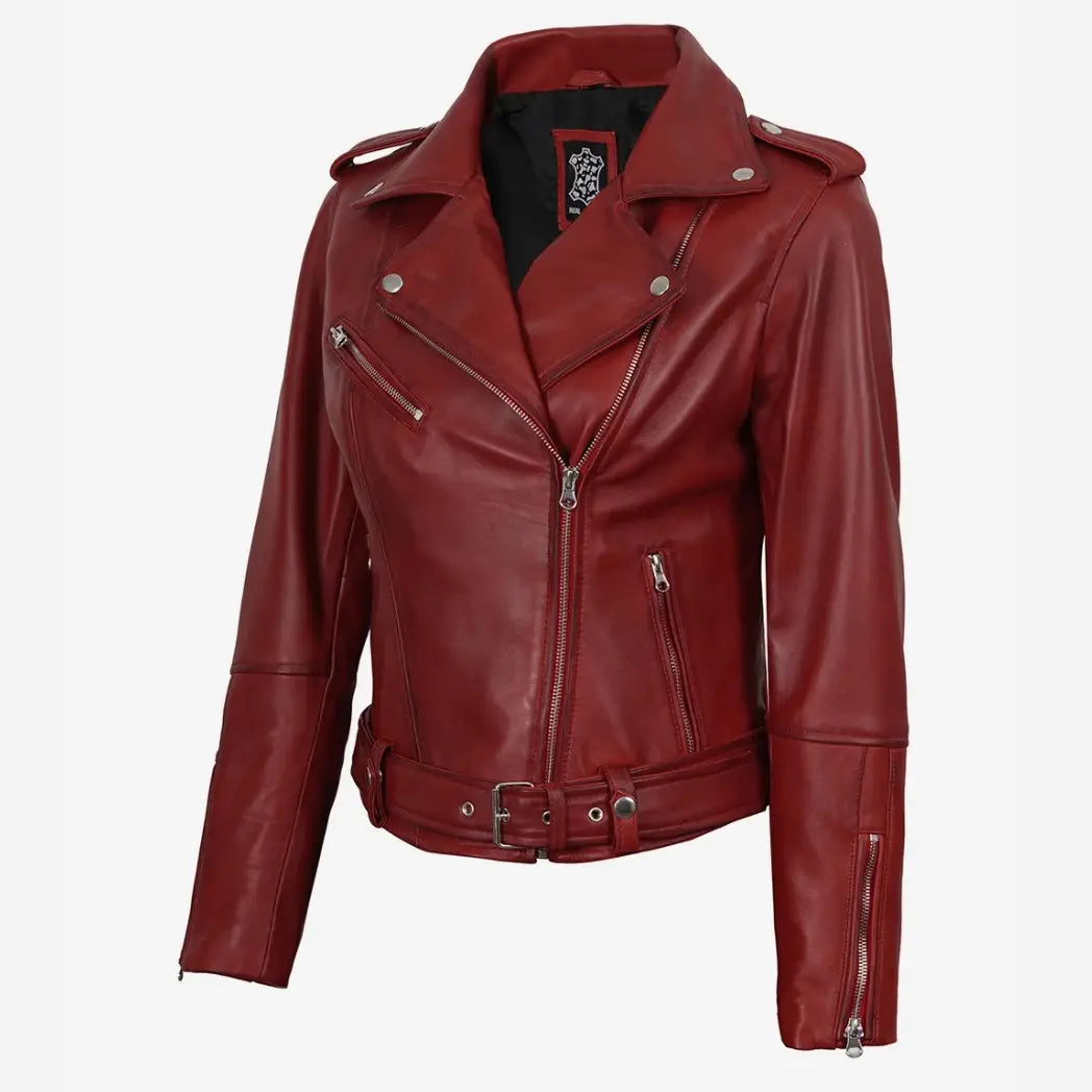 Women's Red Belted Biker Style Lambskin Leather Jacket