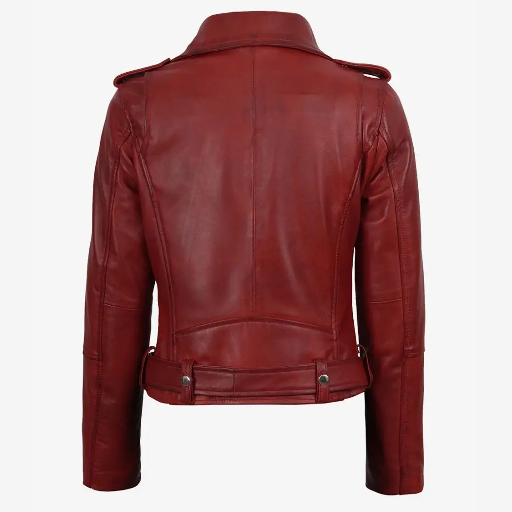 Women's Red Belted Biker Style Lambskin Leather Jacket