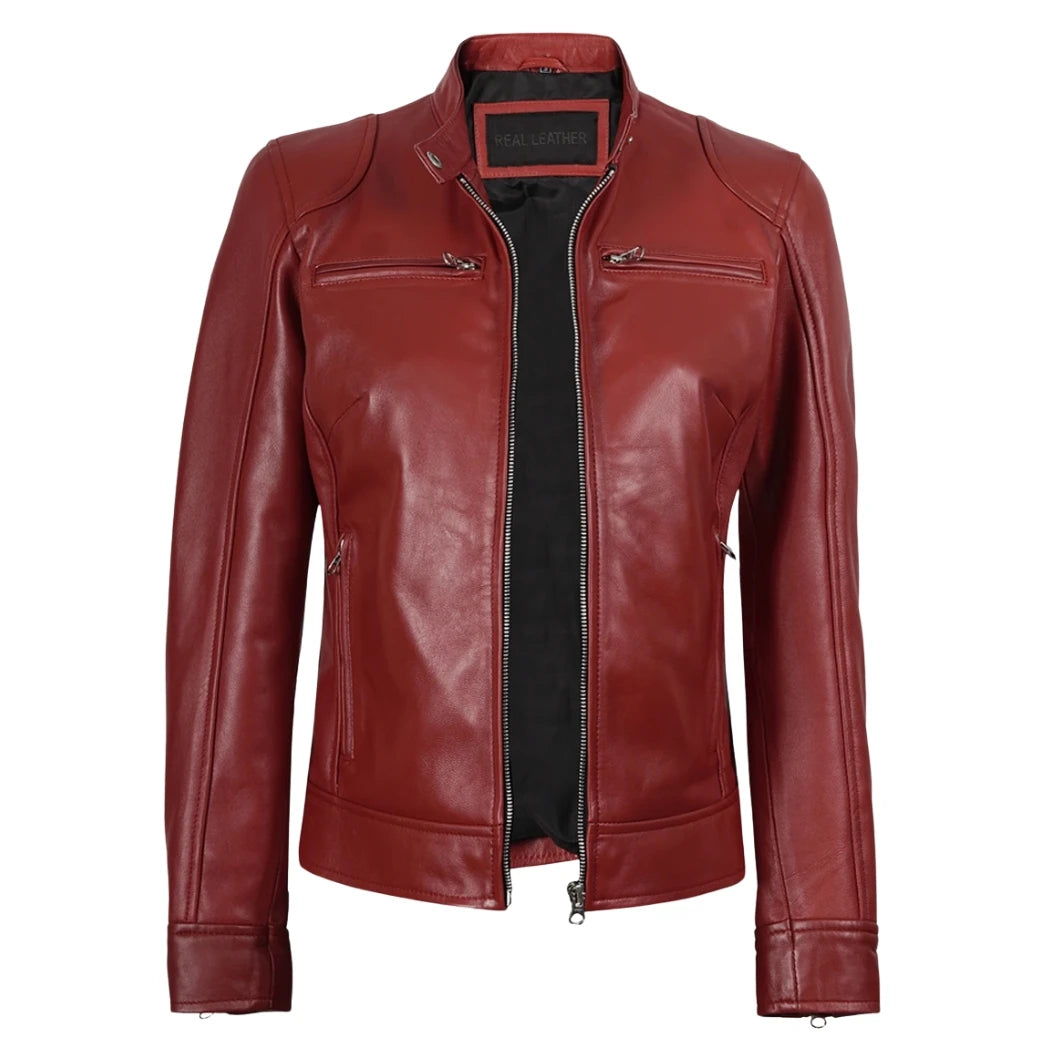 Women's  Red Biker Style Sheepskin Leather Jacket