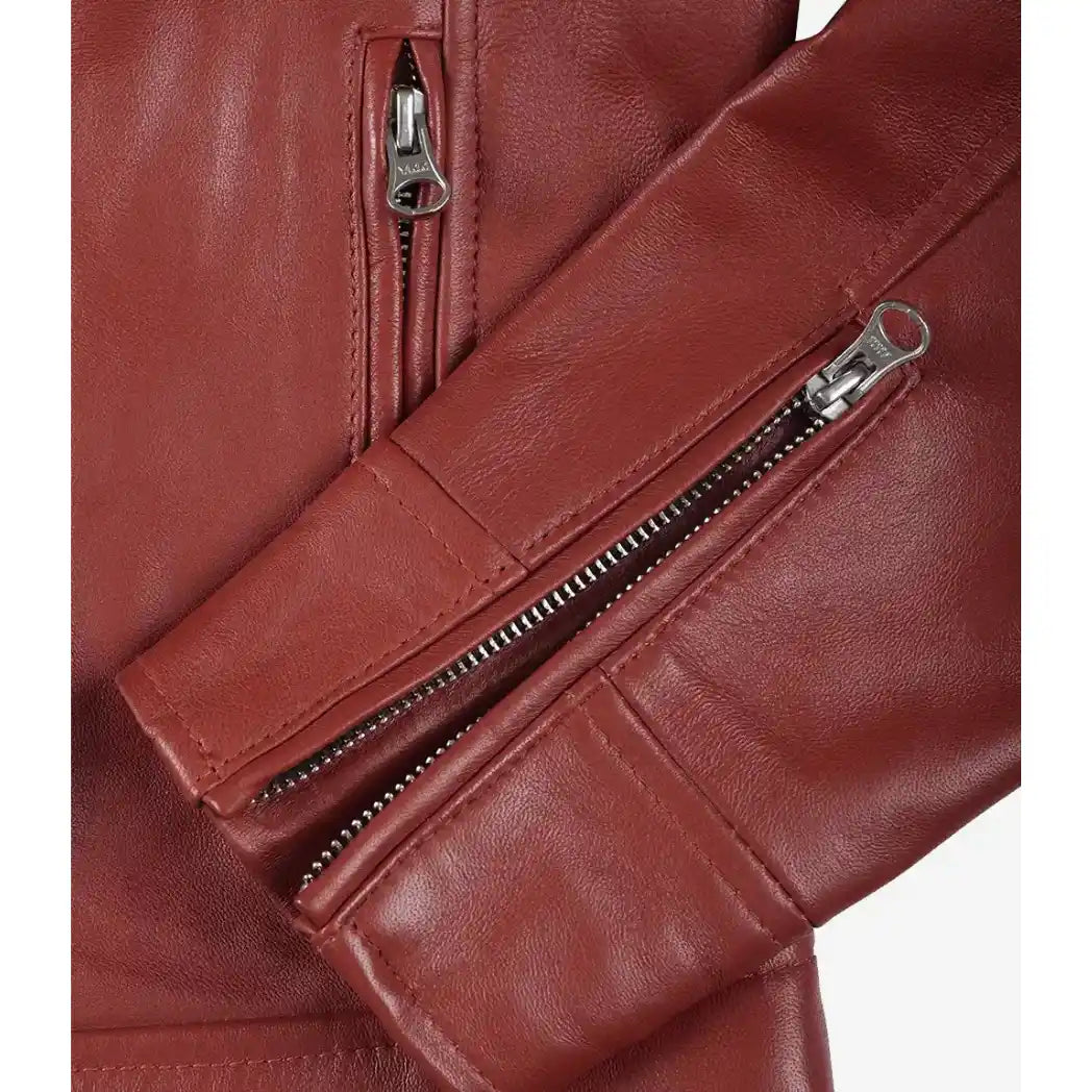 Women's  Red Biker Style Sheepskin Leather Jacket
