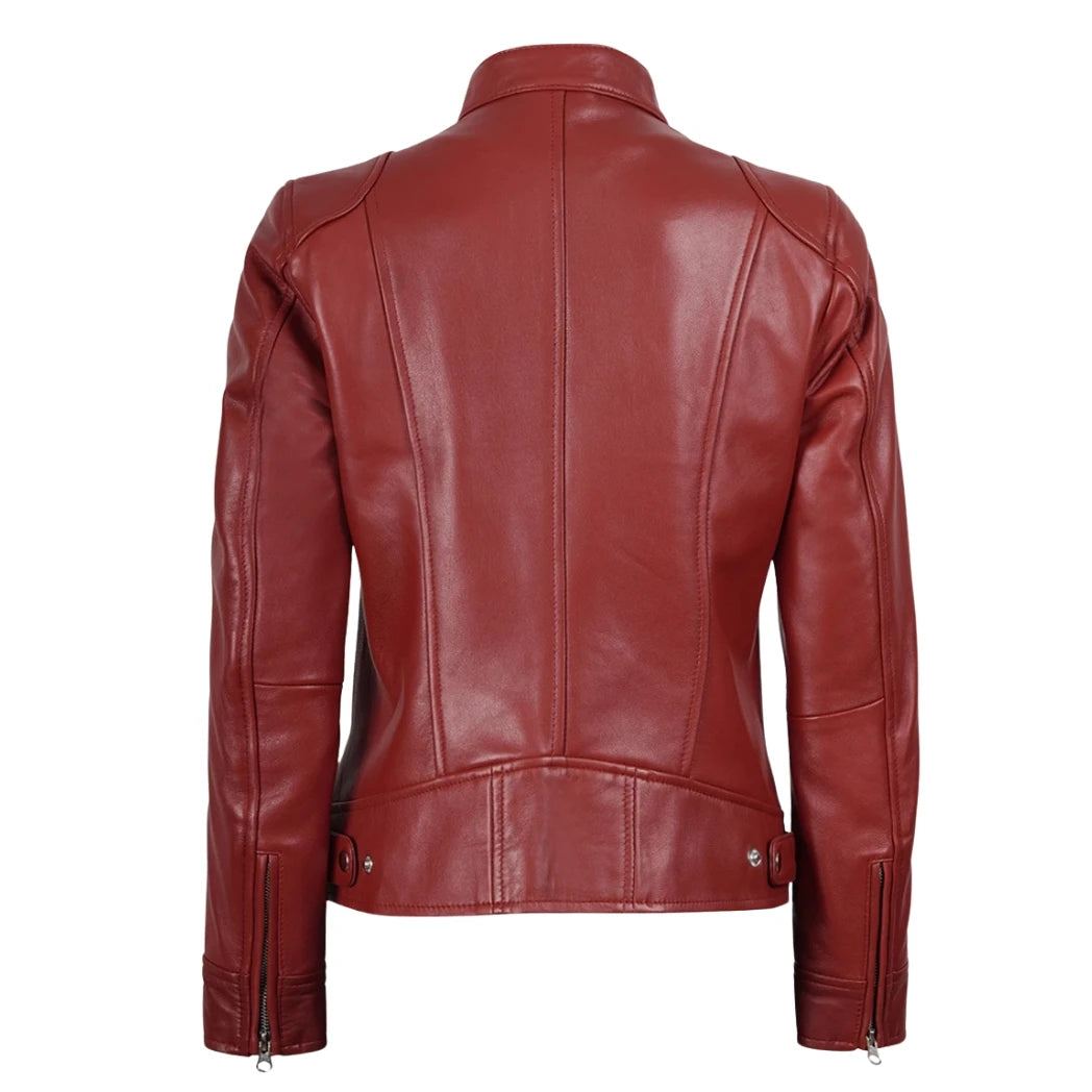 Women's  Red Biker Style Sheepskin Leather Jacket