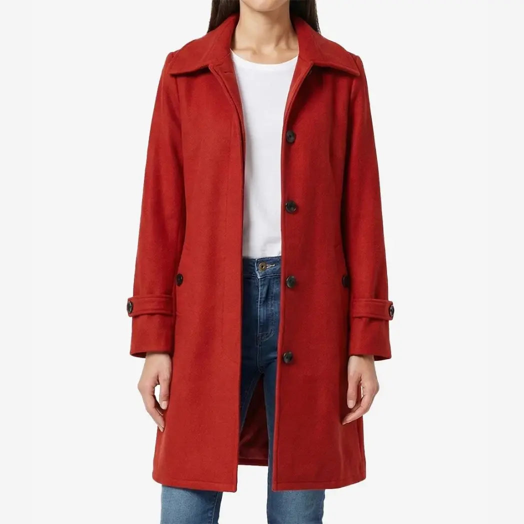 Women's Red Buttoned closure Wool Blend Overcoat 