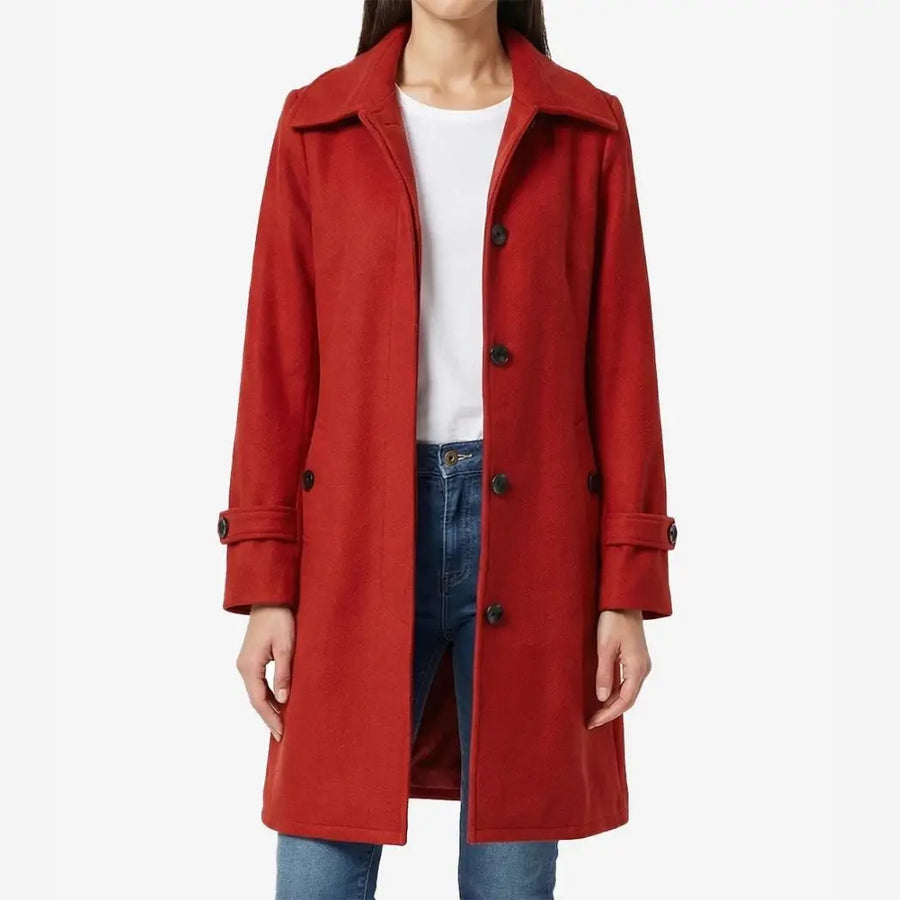 Women's Red Buttoned closure Wool Blend Overcoat