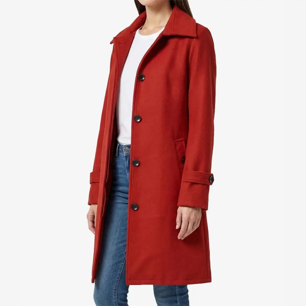 Women's Red Buttoned closure Wool Blend Overcoat 