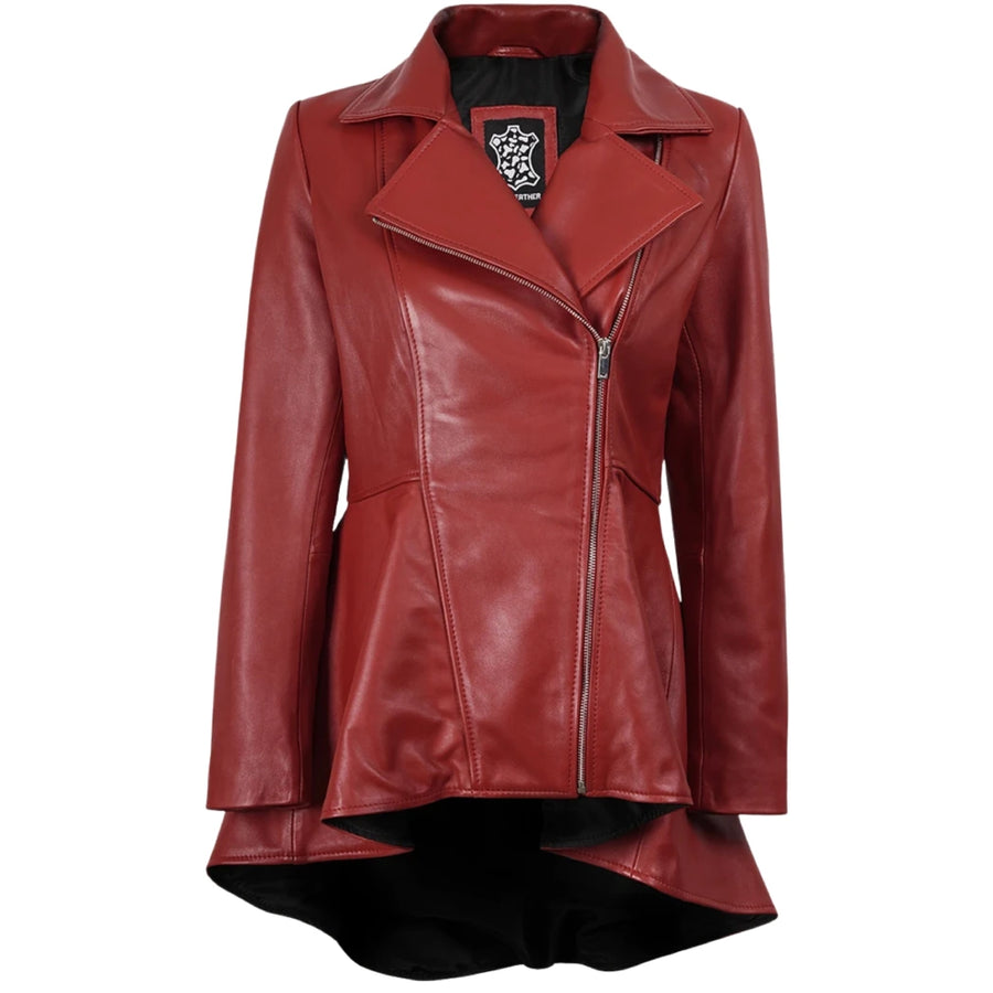 Women's Red Leather Peplum Jacket with Asymmetrical Zip Closure