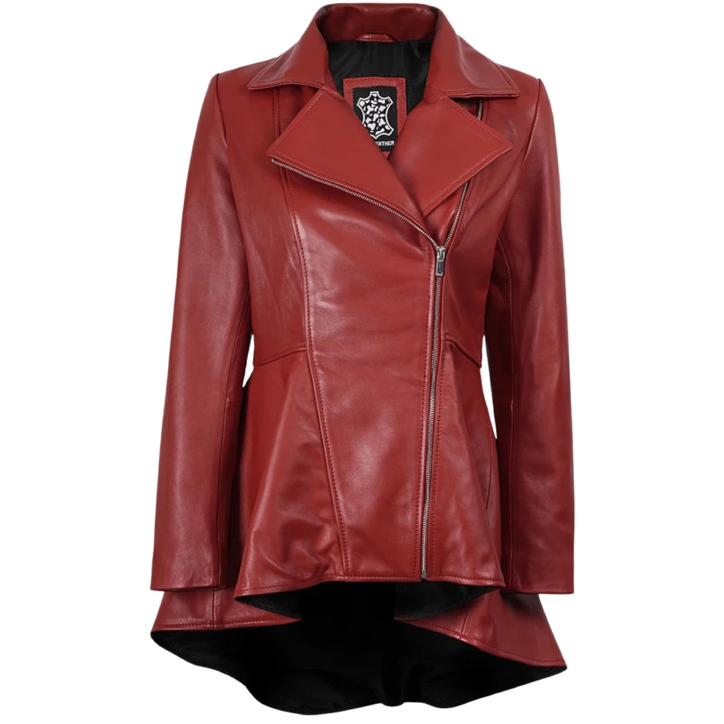 Women's Red Leather Peplum Jacket with Asymmetrical Zip Closure