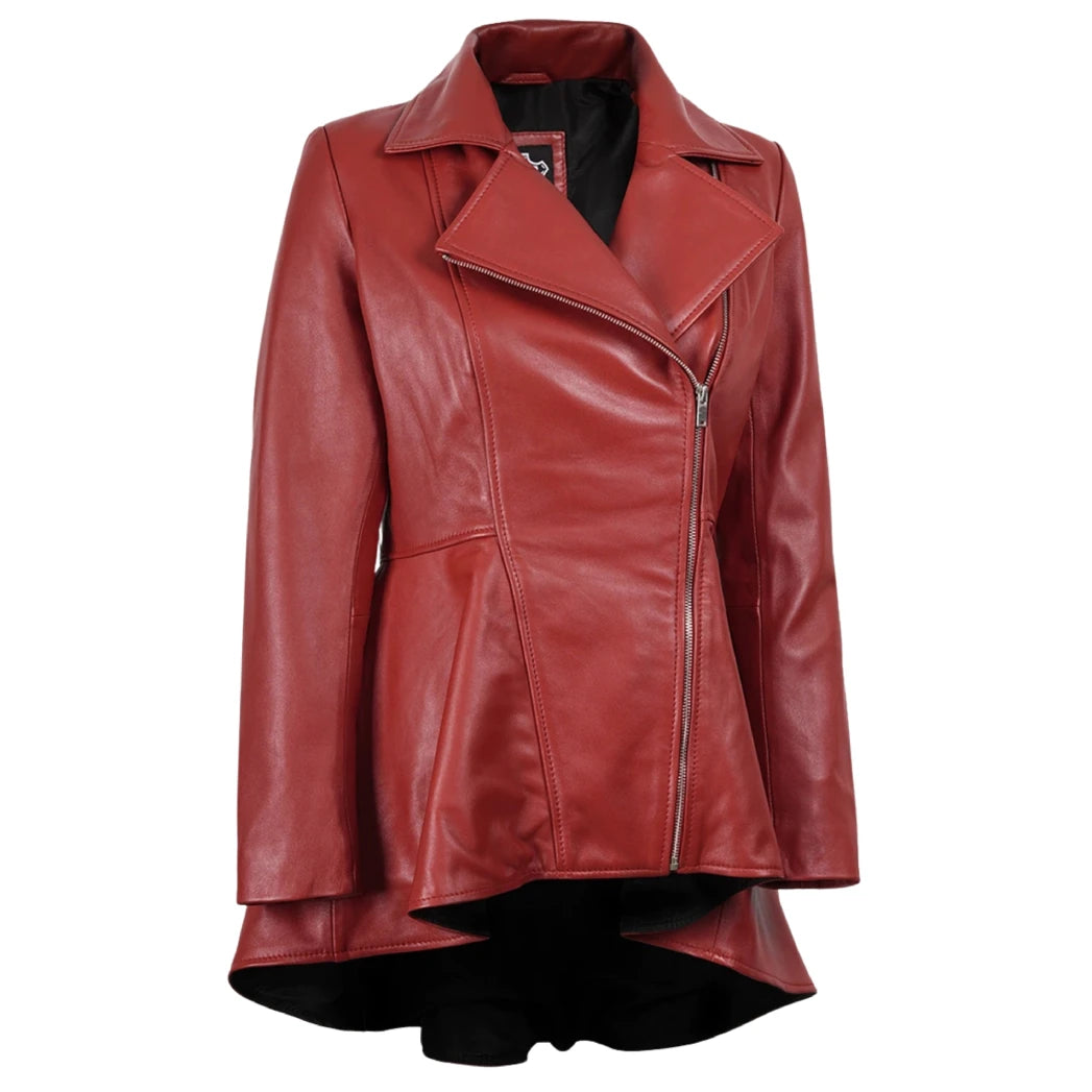 Women's Red Leather Peplum Jacket with Asymmetrical Zip Closure