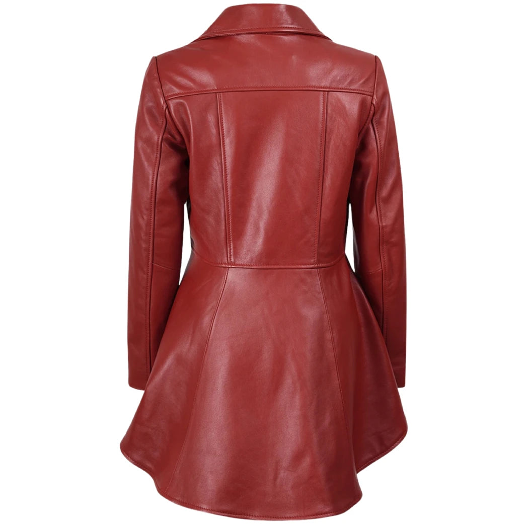 Women's Red Leather Peplum Jacket with Asymmetrical Zip Closure