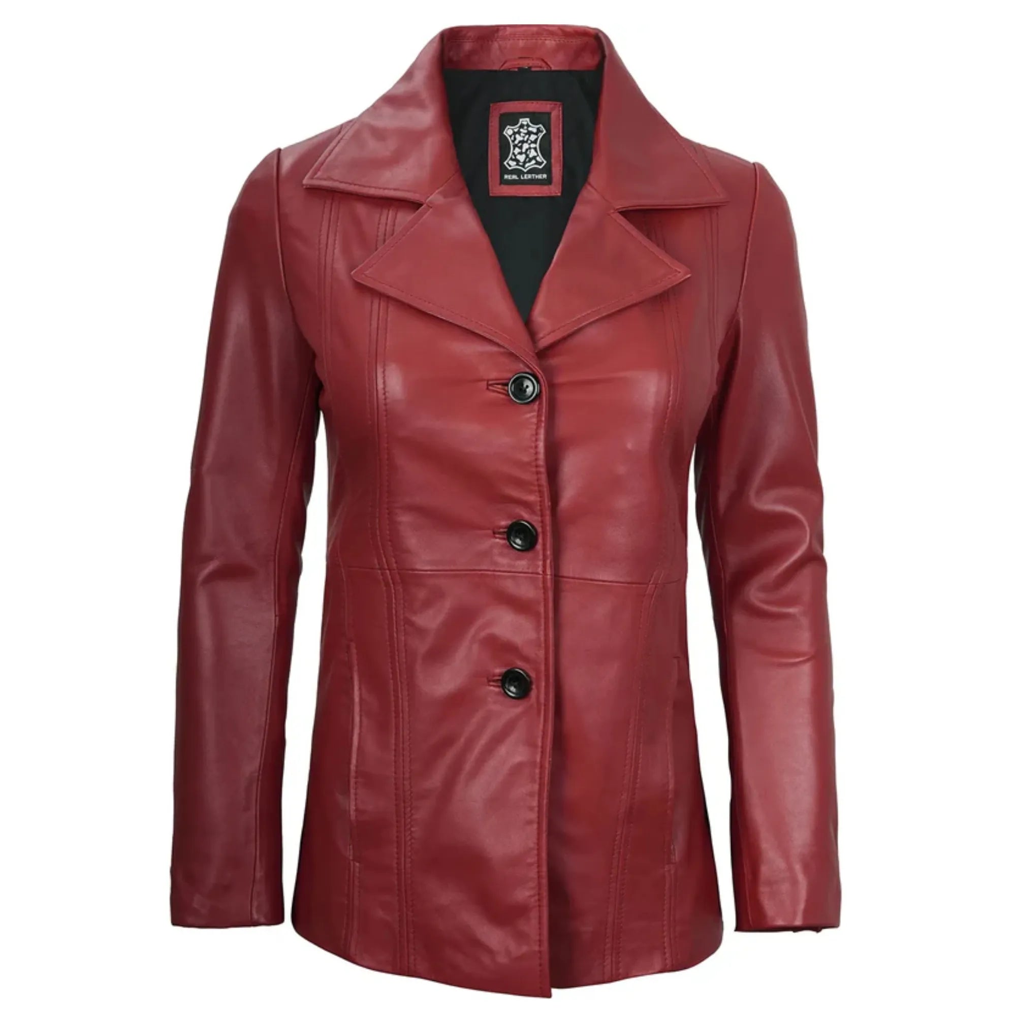 Women's Red Real Leather Blazer Jacket 