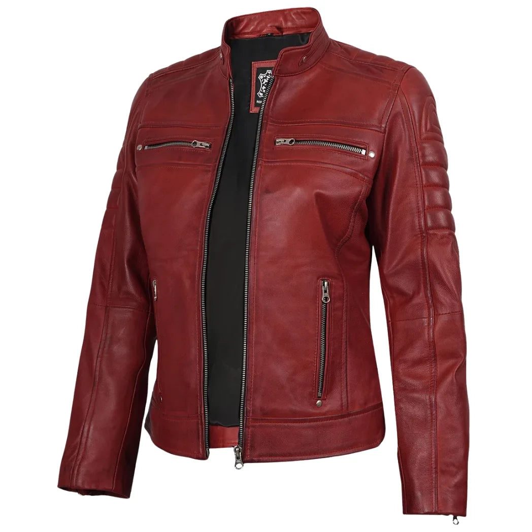 Women's Red Waxed Biker Style Sheepskin Leather Jacket