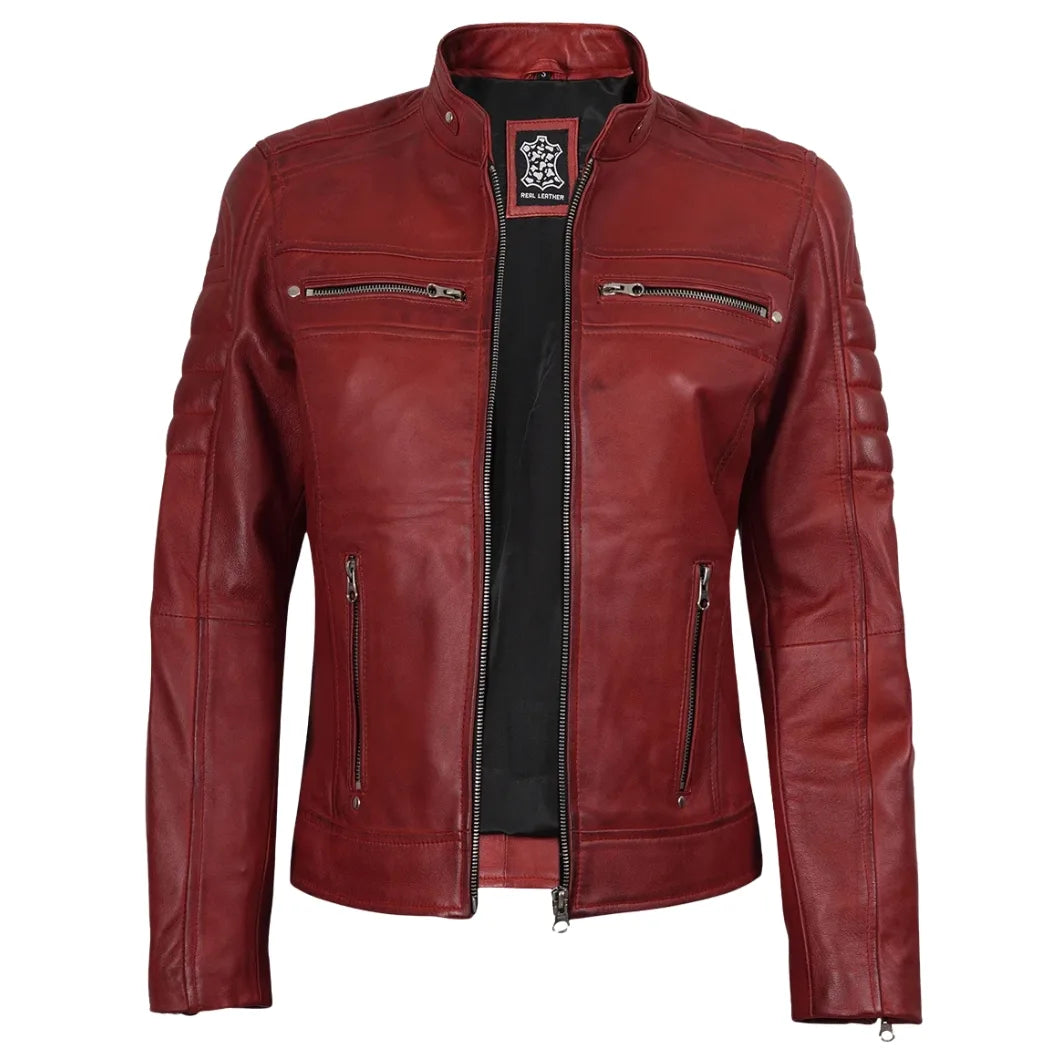 Women's Red Waxed Biker Style Sheepskin Leather Jacket