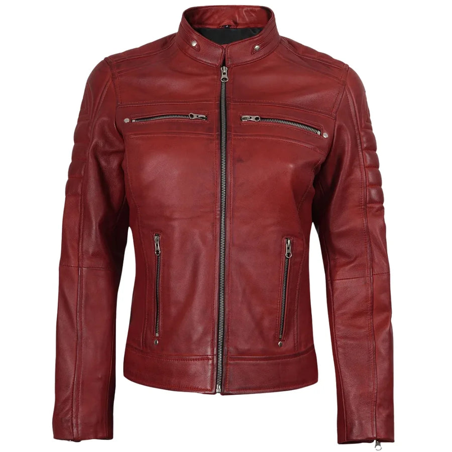 Women's Red Waxed Biker Style Sheepskin Leather Jacket