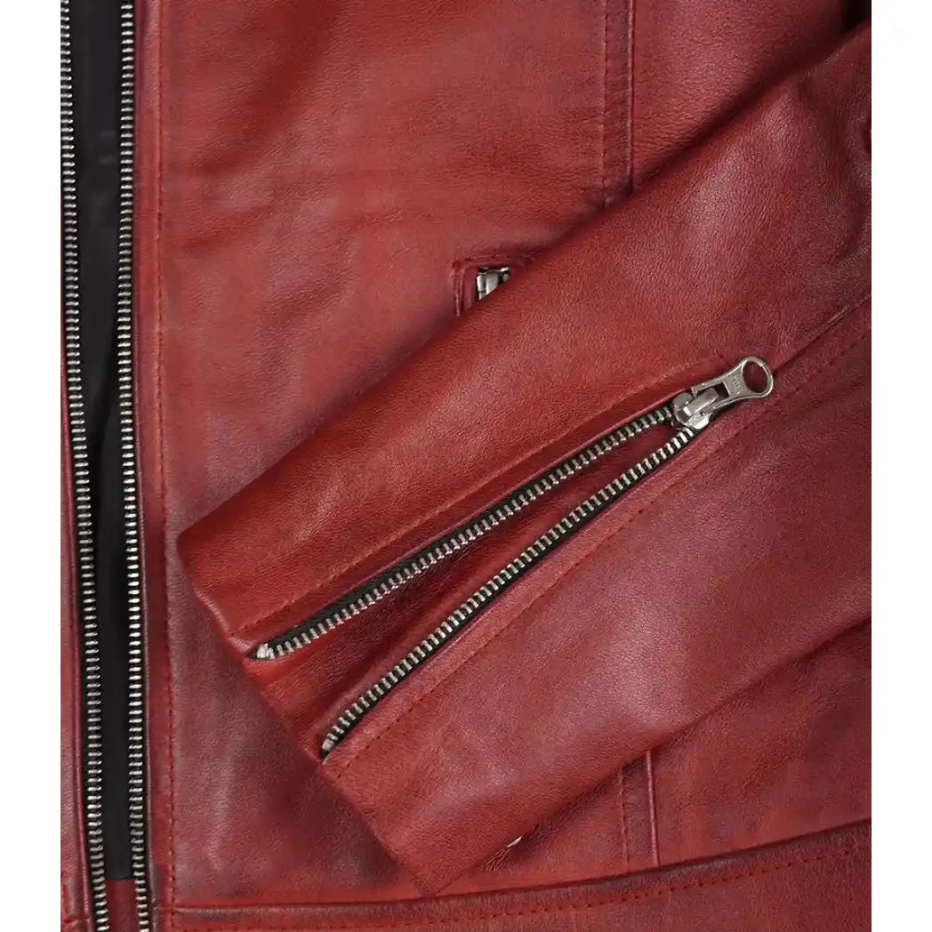 Women's Red Waxed Biker Style Sheepskin Leather Jacket