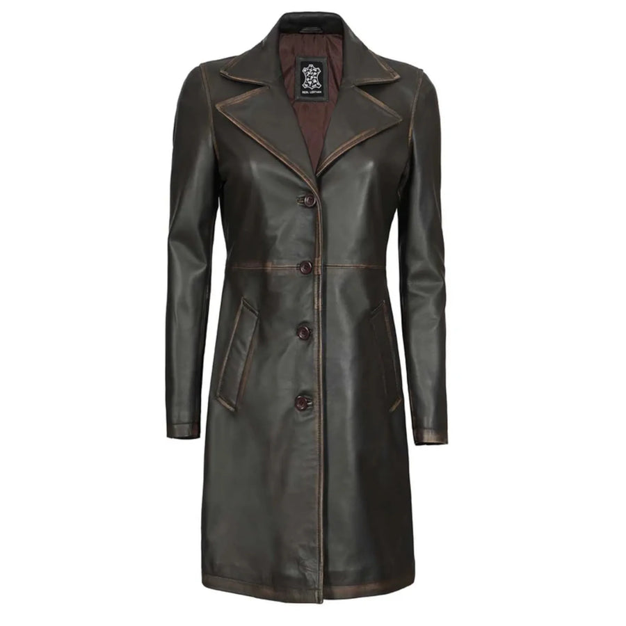 Women's Rub Off Dark Brown Leather Long 3/4 Coat