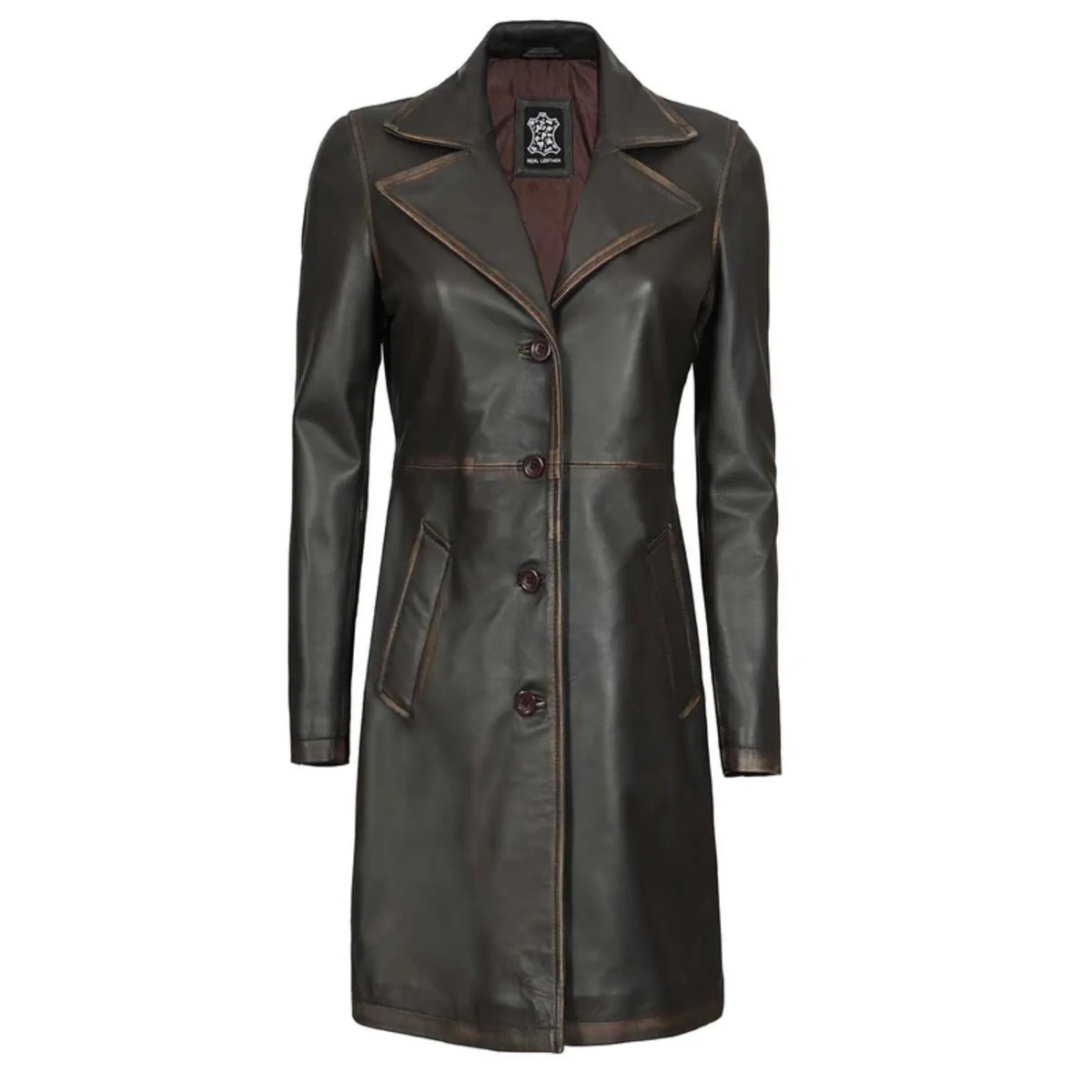 Women's Rub Off Dark Brown Leather Long 3/4 Coat