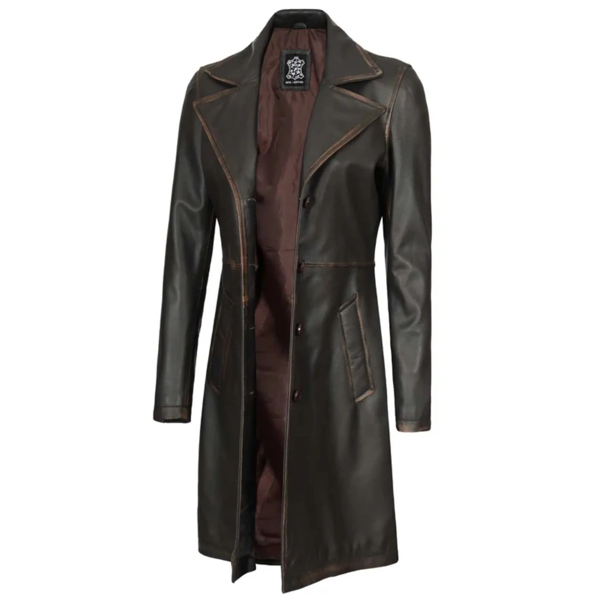 Women's Rub Off Dark Brown Leather Long 3/4 Coat