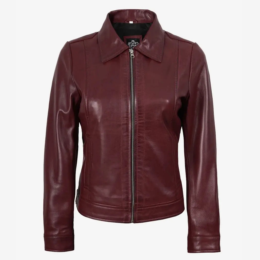 Women's Shirt Collar Burgundy Real Lambskin Leather Jacket