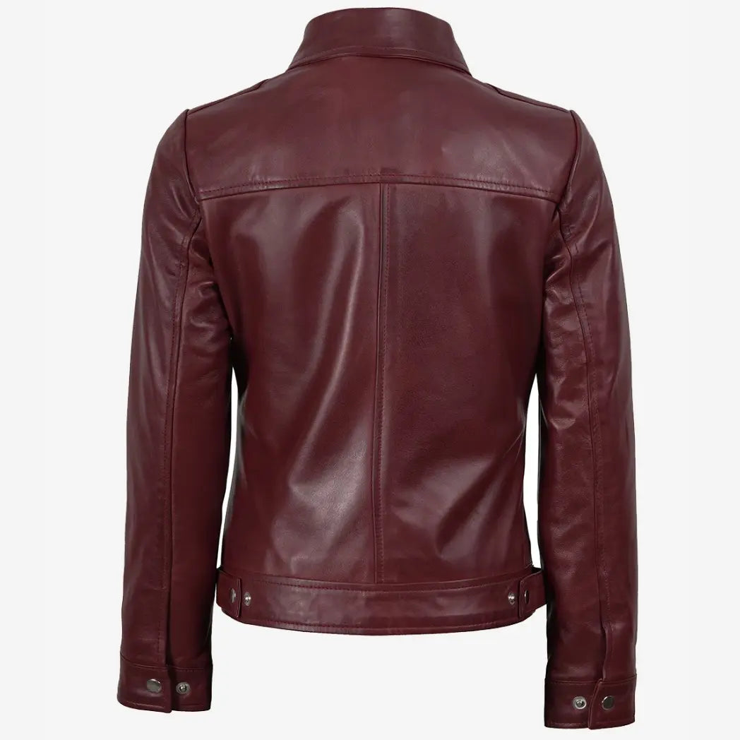 Women's Shirt Collar Burgundy Real Lambskin Leather Jacket