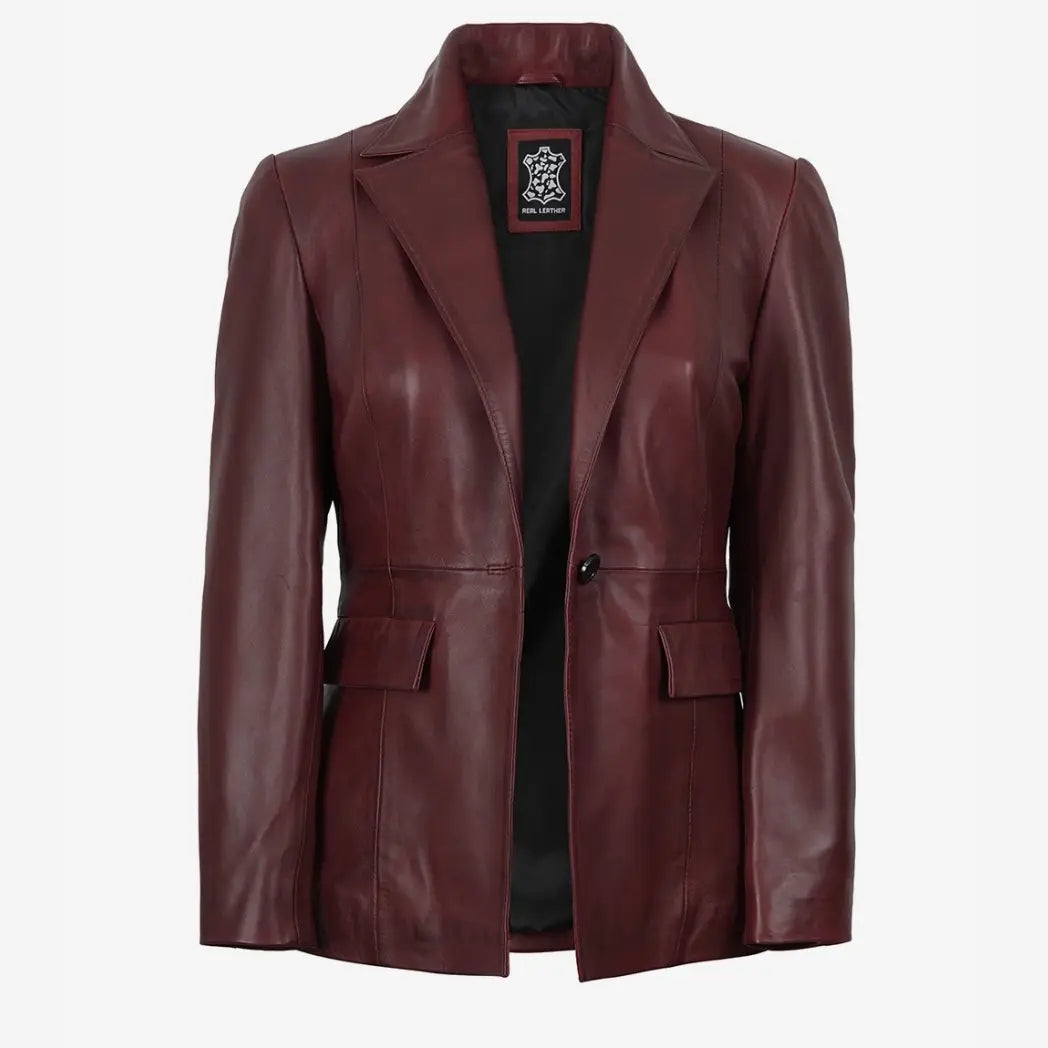 Women’s Single-Button Burgundy Waxed Lambskin Leather Blazer