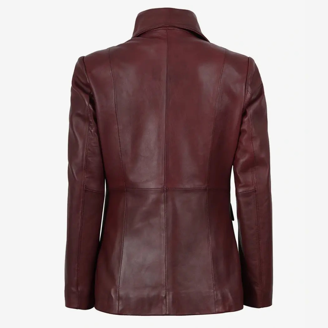 Women’s Single-Button Burgundy Waxed Lambskin Leather Blazer