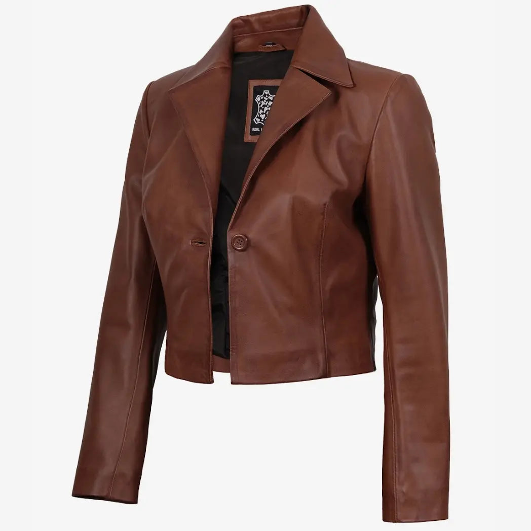 Women's Single Button Cognac Cropped Leather Jacket