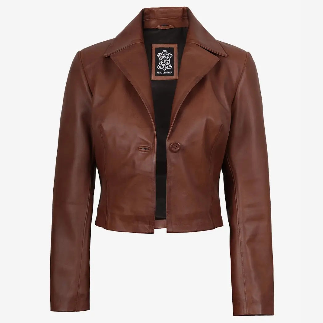 Women's Single Button Cognac Cropped Leather Jacket