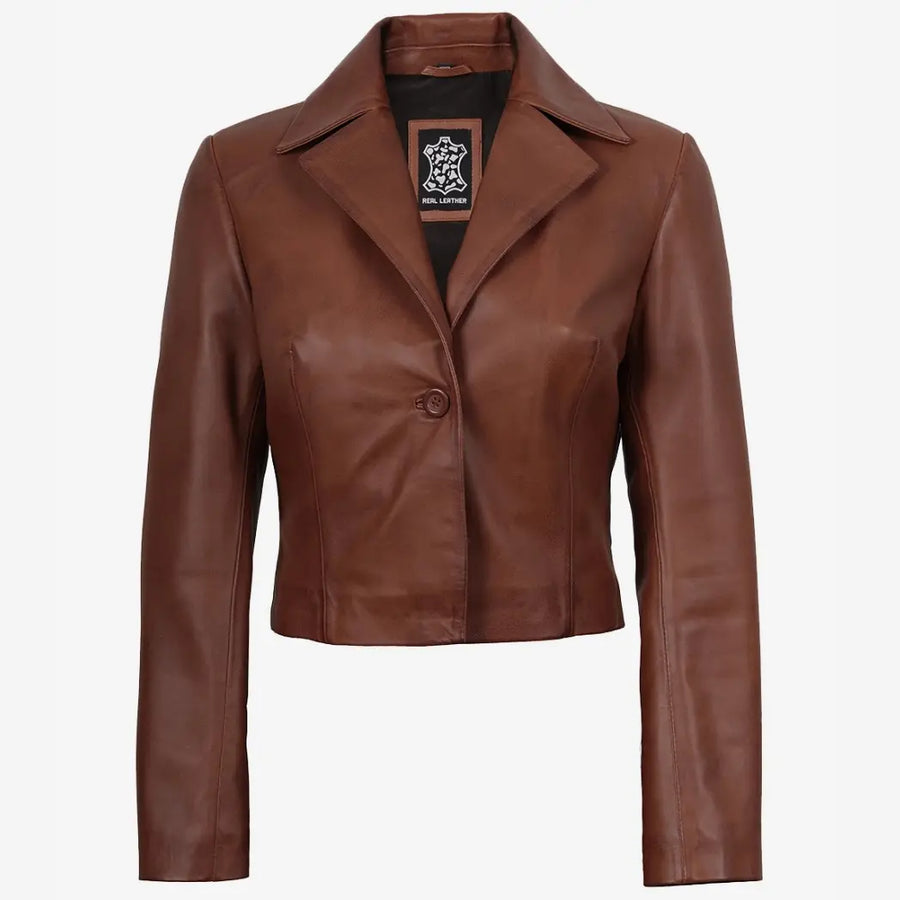 Women's Single Button Cognac Cropped Leather Jacket
