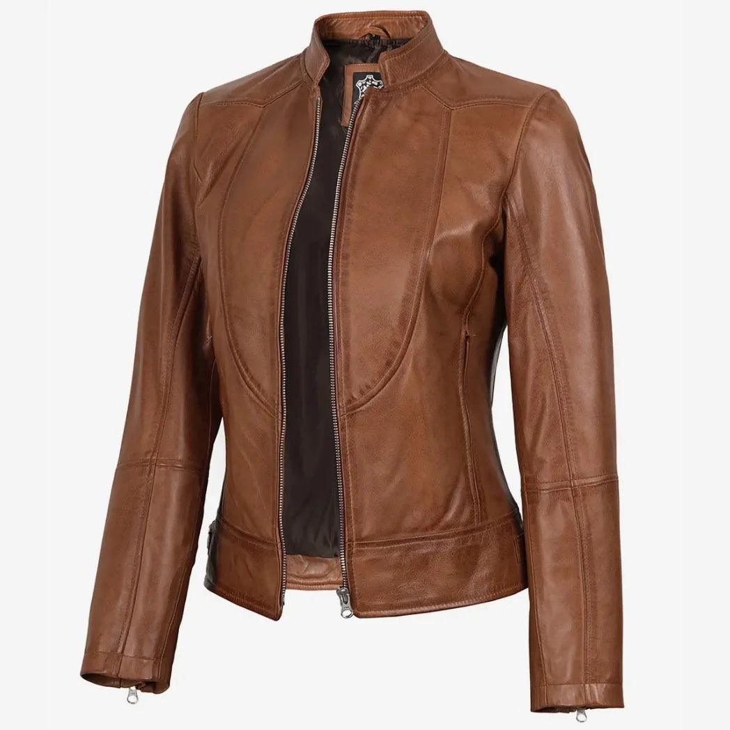 Women's Tan Waxed Slim Fit Biker Style Leather Jacket