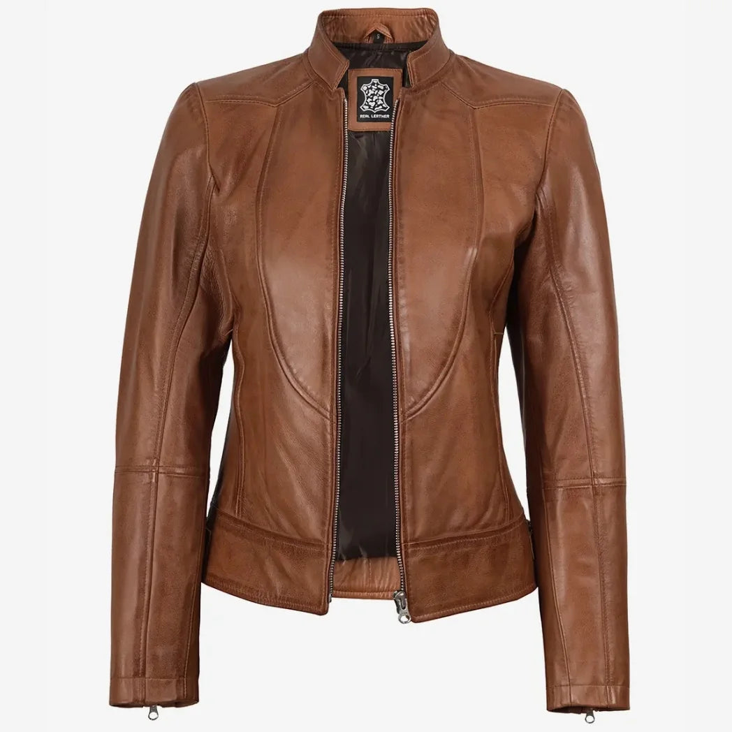 Women's Tan Waxed Slim Fit Biker Style Leather Jacket