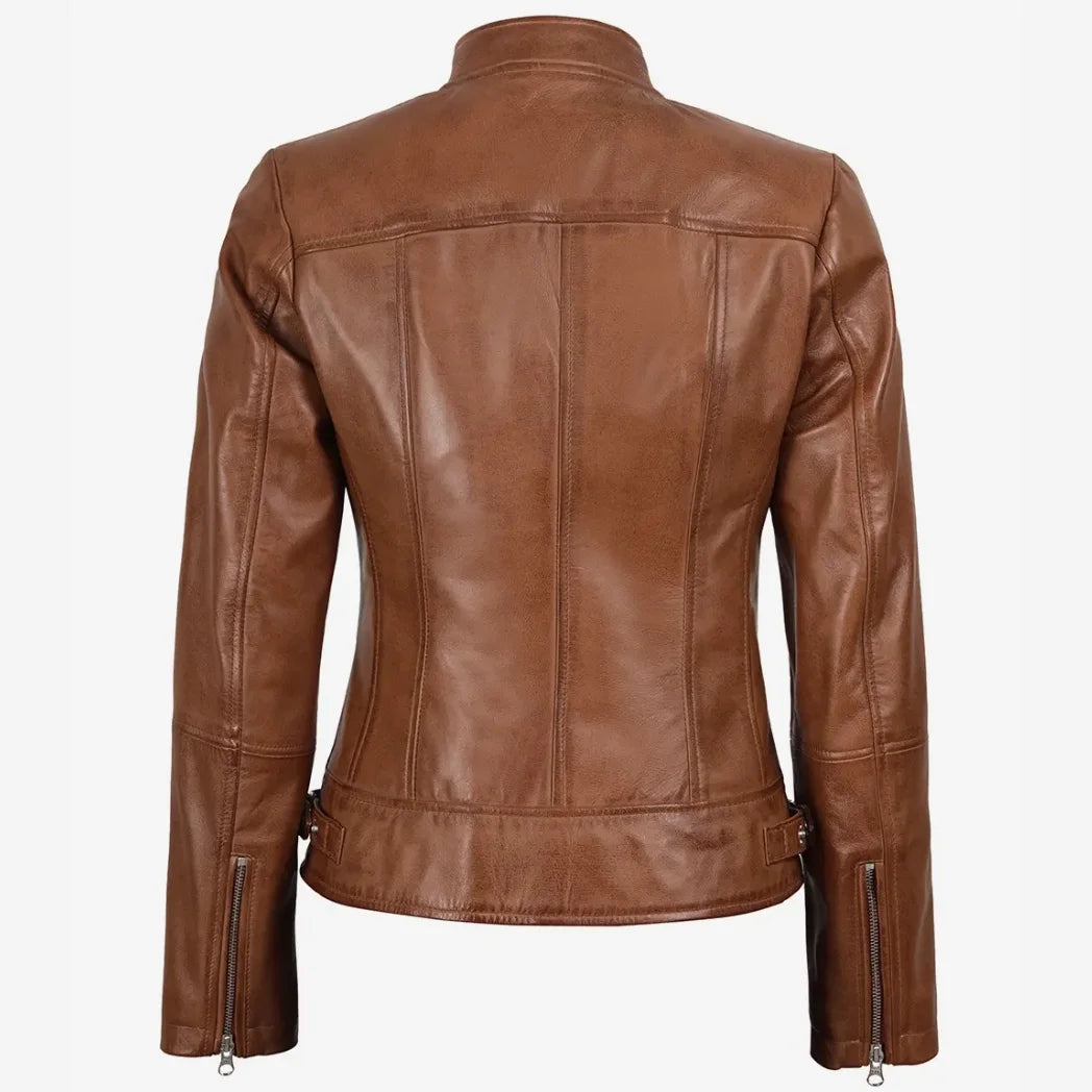 Women's Tan Waxed Slim Fit Biker Style Leather Jacket