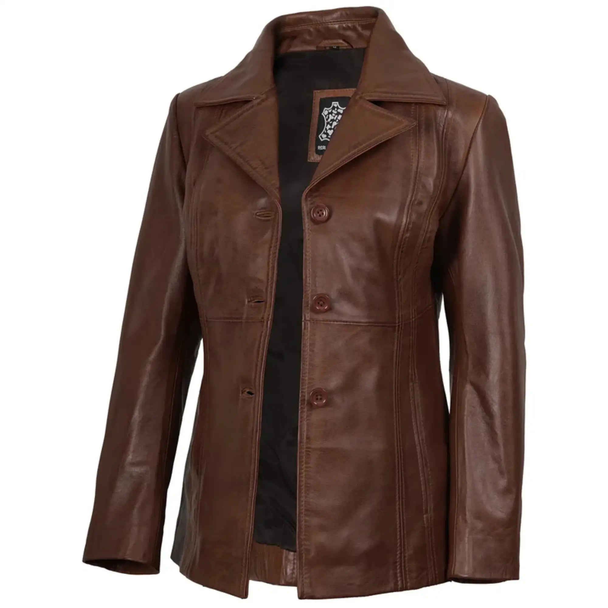 Women's Three Button Cognac Brown Leather Blazer