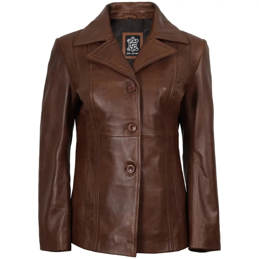 Women's Three Button Cognac Brown Leather Blazer