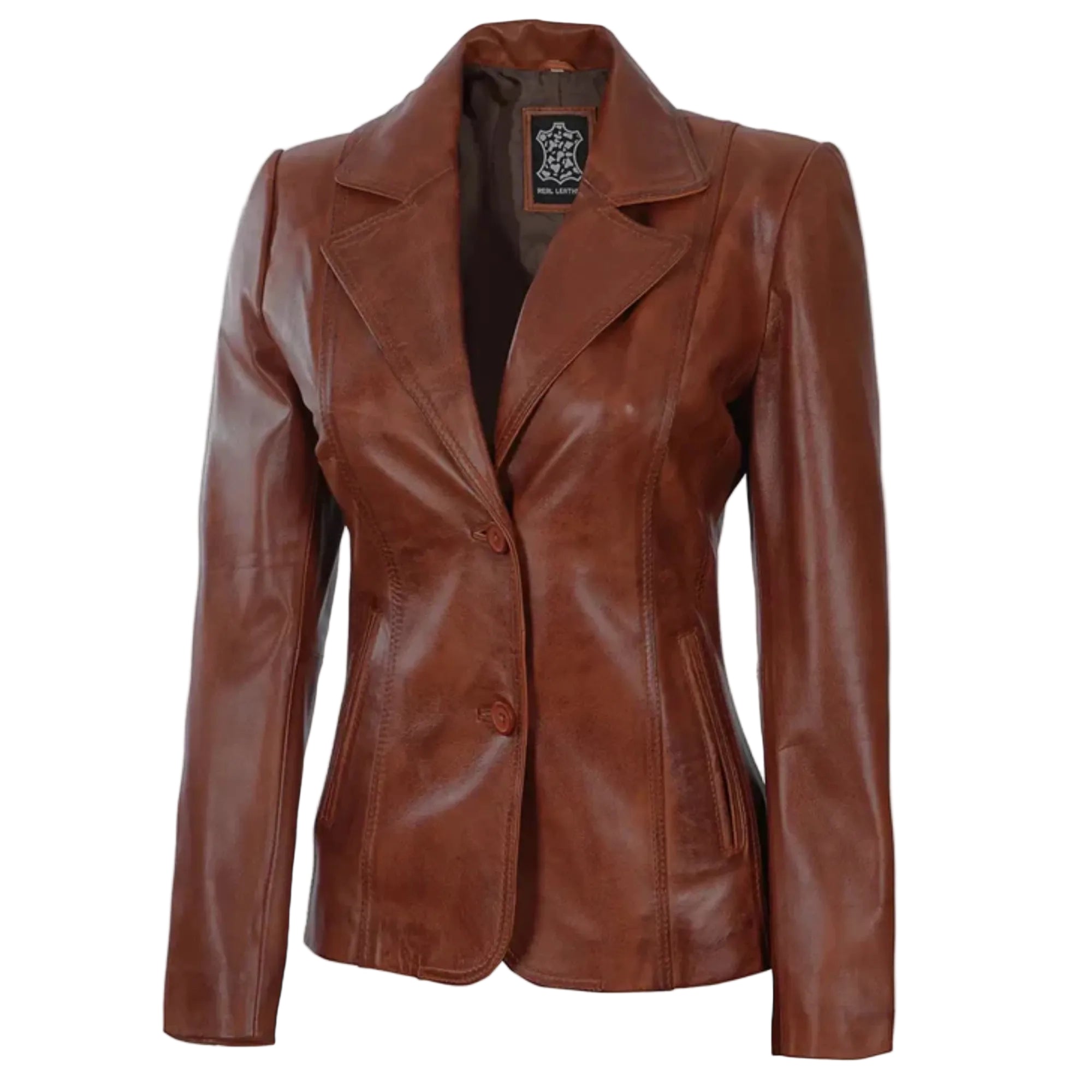 Women's Two Button Cognac Brown Leather Blazer