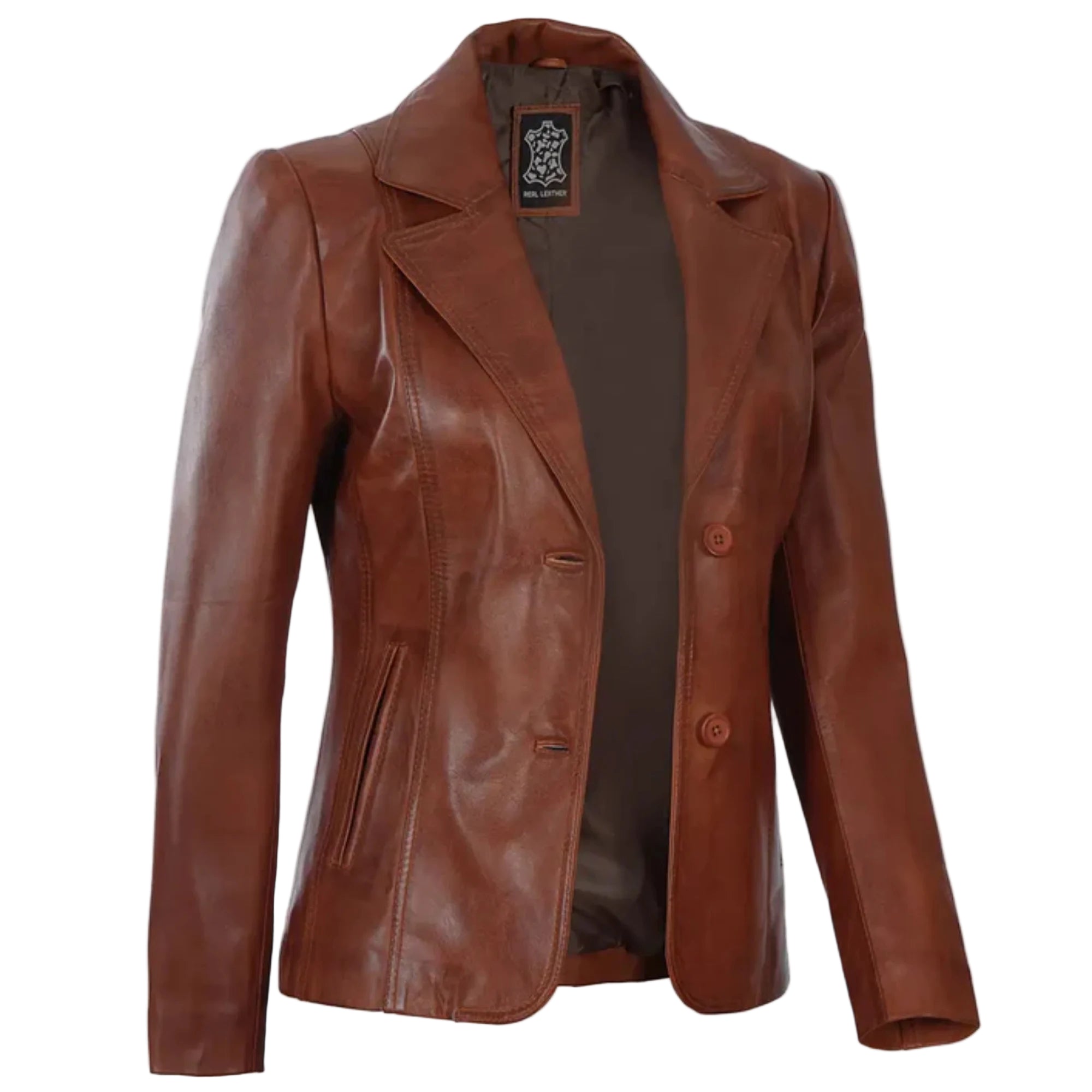Women's Two Button Cognac Brown Leather Blazer