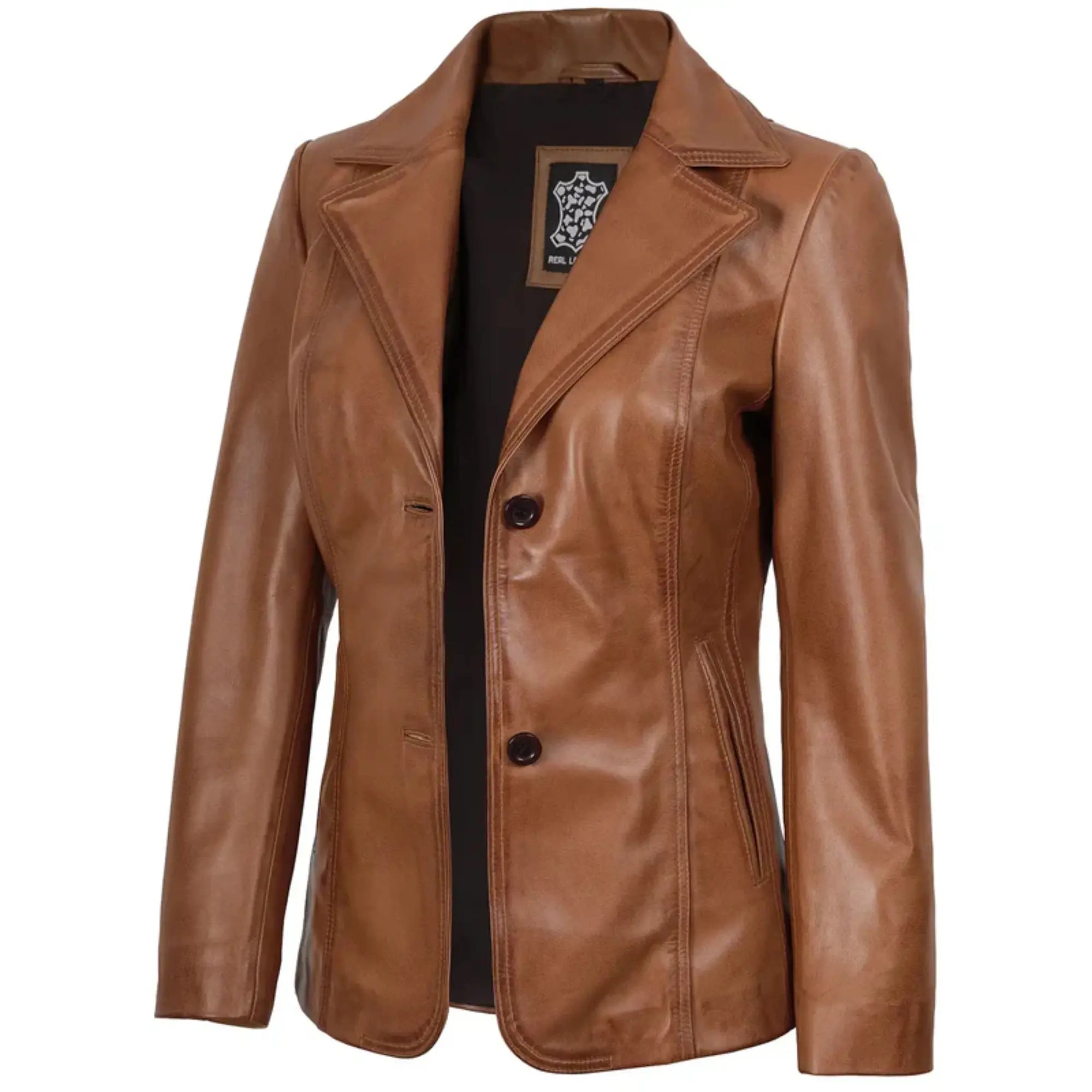 Women's Two Button Tan Brown Leather Blazer