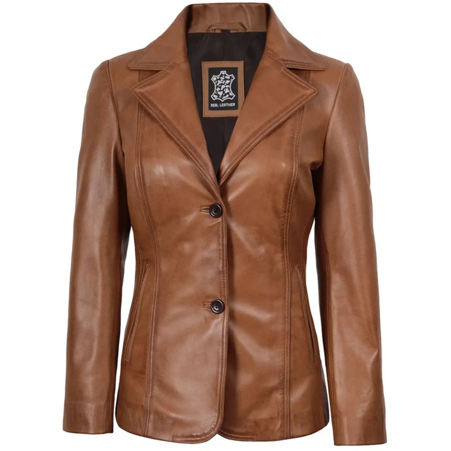 Women's Two Button Tan Brown Leather Blazer