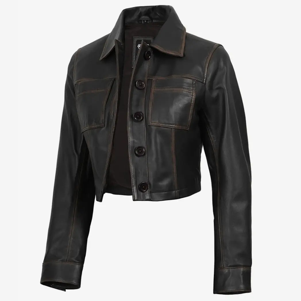 Women's Vintage Brown Cropped Lambskin Leather Jacket