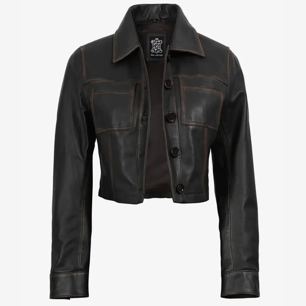 Women's Vintage Brown Cropped Lambskin Leather Jacket
