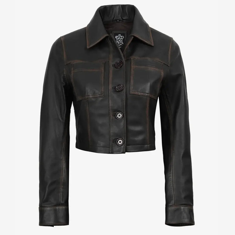 Women's Vintage Brown Cropped Lambskin Leather Jacket