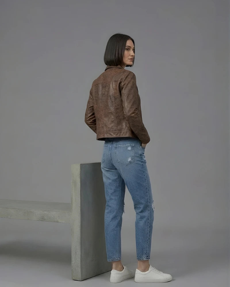 Women's Vintage Distressed Brown Cropped Leather Jacket
