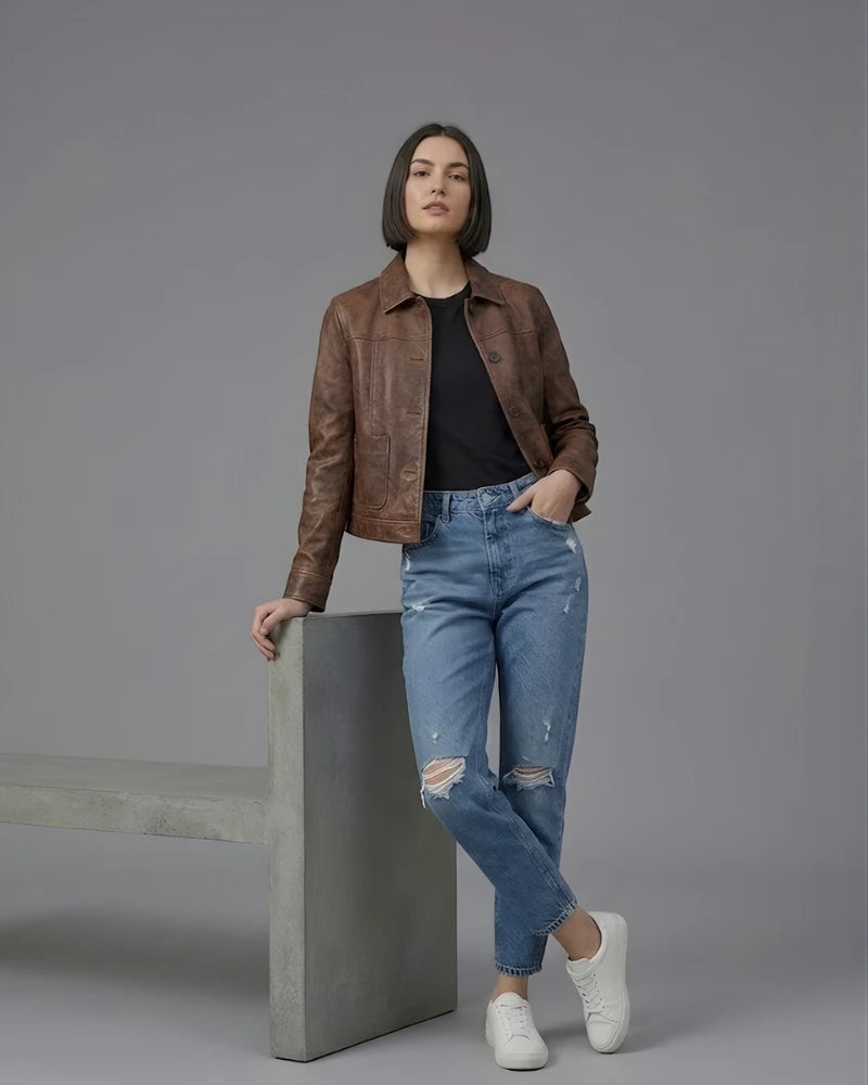 Women's Vintage Distressed Brown Cropped Leather Jacket