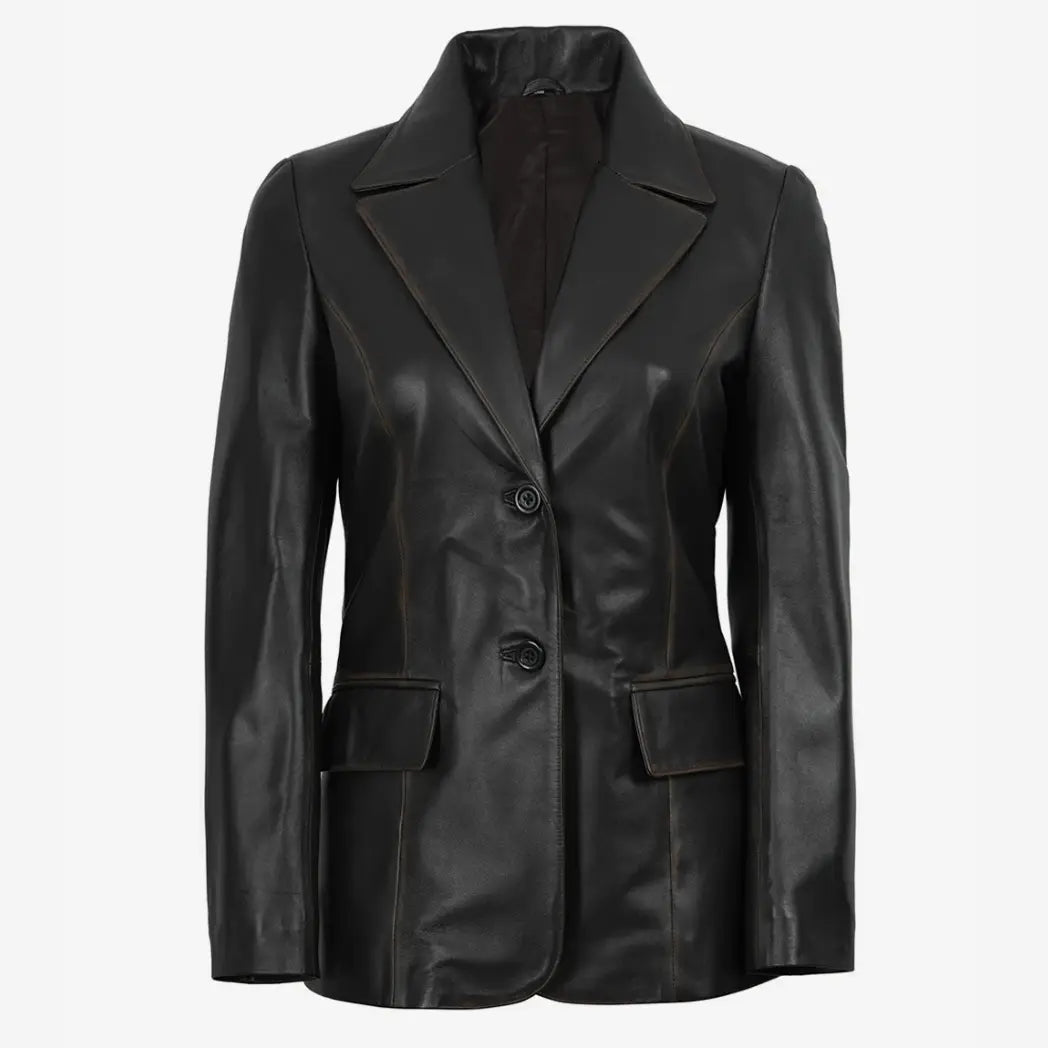 Women's Waxed Dark Brown Two Button Real Leather Blazer