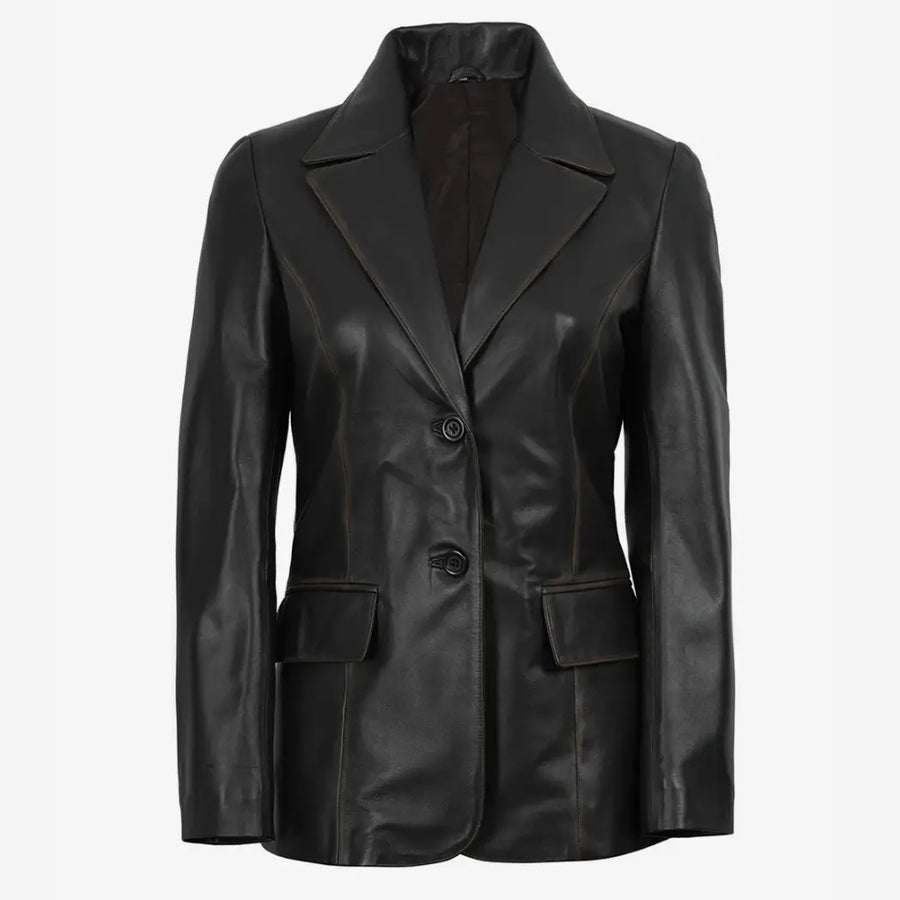 Women's Waxed Dark Brown Two Button Real Leather Blazer