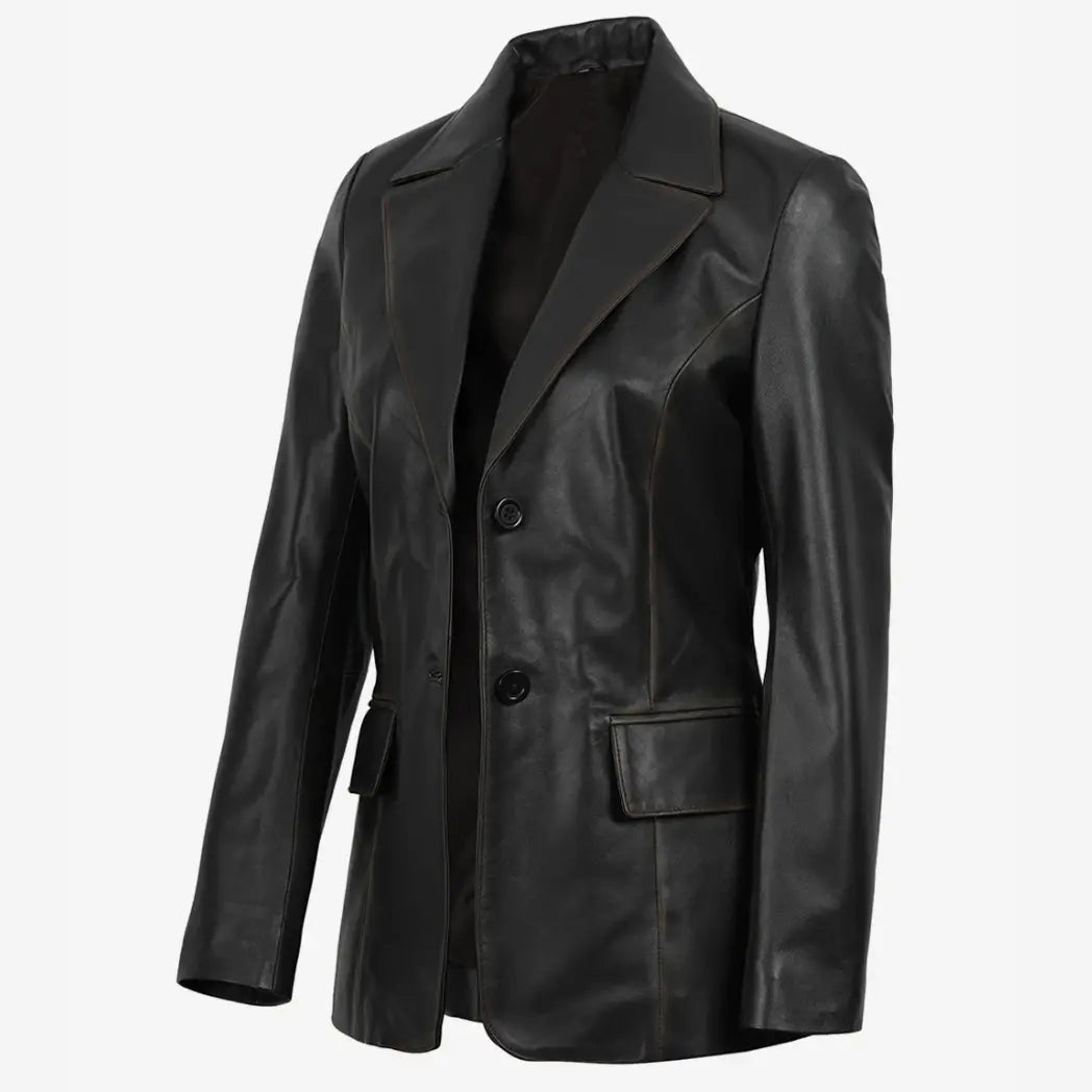 Women's Waxed Dark Brown Two Button Real Leather Blazer