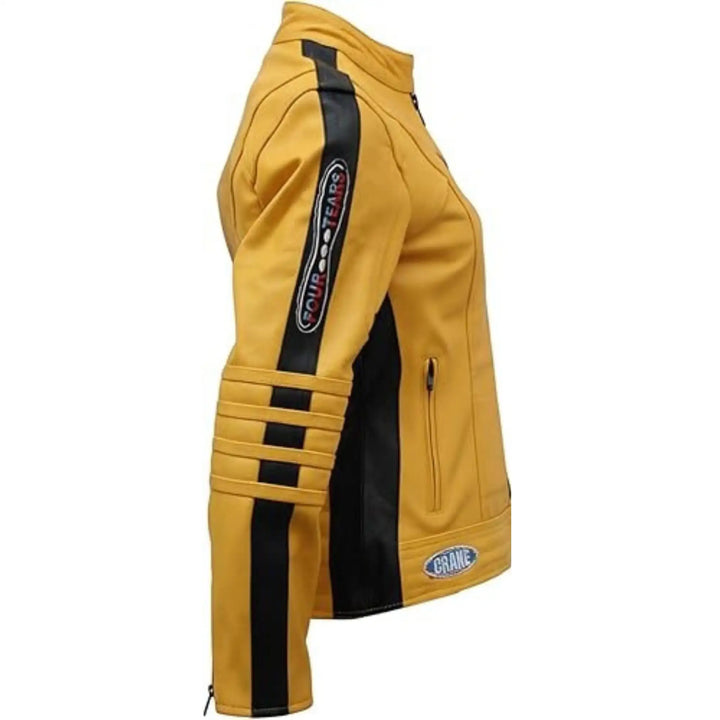 Yellow jacket with black accents and visible branding on a white background