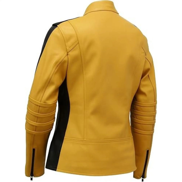 Yellow leather jacket with black accents on a white background