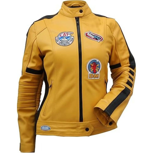 Yellow jacket with black accents and various logos on a white background